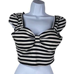 Vintage Lipstick Top Women's Cropped Babydoll Black White Stripe Size L 90's Y2K